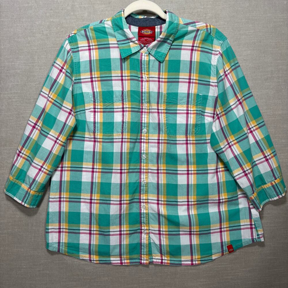 Dickies Plaid Button Shirt XL Green Pink Roll Tab Classic Streetwear Casual Work